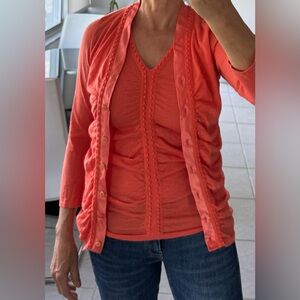 Oscar de la Renta cardigan twin set, knit cashmere/silk, coral color, size M.